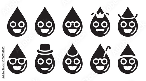 Set of funny water drop characters with different accessories and expressions black icons.