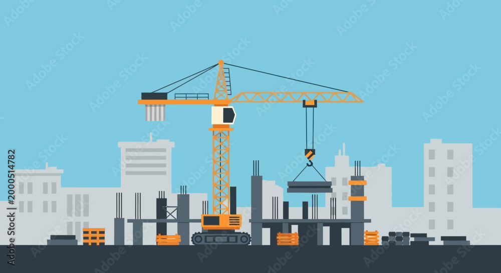 Obraz premium Construction site with crane lifting materials, modern buildings in background, urban development concept