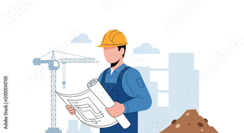 Construction worker in hard hat examining blueprints at a building site with crane