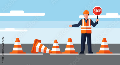 Construction worker holding stop sign directing traffic with safety cones on road