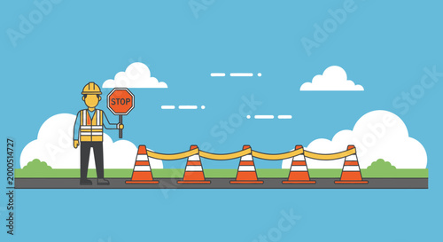 Construction worker holding stop sign near traffic cones and barrier tape on road