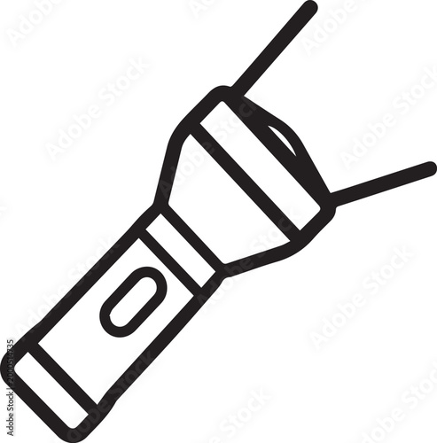 A line art depiction of a handheld flashlight with bright beams of light radiating outwards, ideal for representing concepts like illumination, exploring, and seeking knowledge.