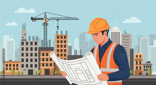 Construction worker in hard hat reviews blueprints at a building site with cranes and skyscrapers