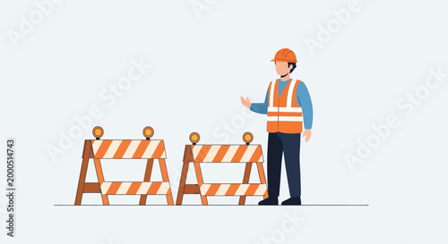 Construction worker in safety vest and hard hat near traffic barriers with lights