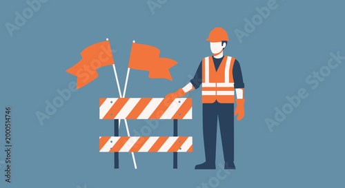 Construction worker in safety vest and hard hat near barrier and flags