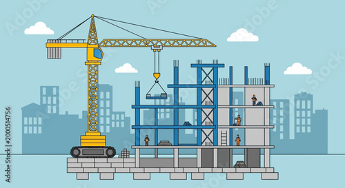 Construction site with crane building skyscraper, workers on site, urban development concept