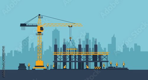 Construction site with crane building skyscraper, workers, and city skyline background