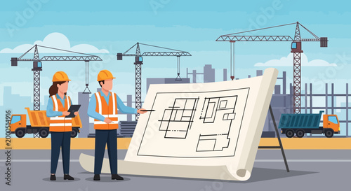 Construction workers reviewing blueprints on a site with cranes and trucks