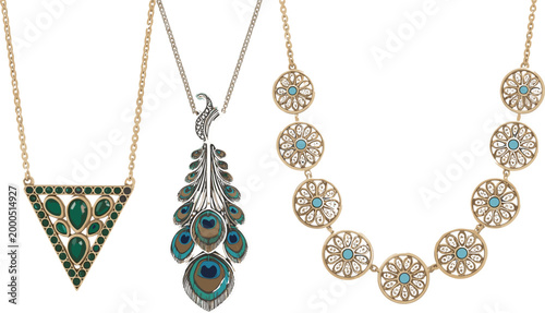 Bohemian Gold Necklace Collection with Turquoise Gemstone Triangle Pendant, Peacock Feather Design, and Ornate Circular Chain Jewelry Set