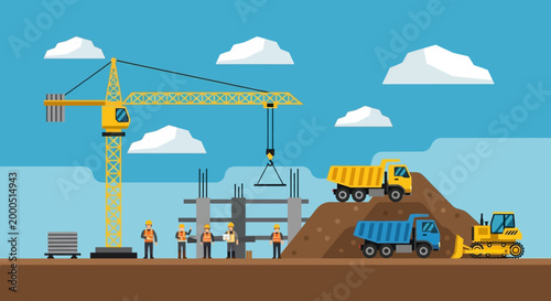 Construction site with crane, trucks, bulldozer, workers, and building under construction