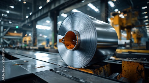 Large coil of shiny metal sheeting on industrial machinery in a factory setting