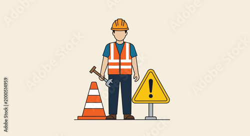 Construction worker in safety vest and hard hat with tools, traffic cone, and warning sign