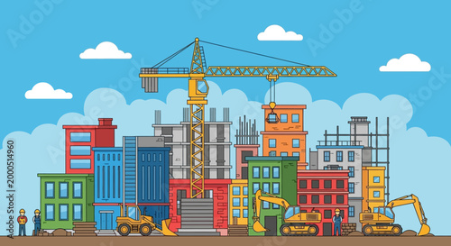 Construction site with cranes, buildings under construction, and workers