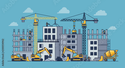 Construction site with cranes, excavators, and buildings under construction
