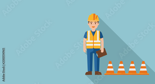 Construction worker in safety vest and hard hat with traffic cones, professional illustration