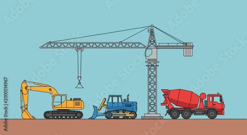 Construction site with excavator, bulldozer, concrete mixer truck, and crane