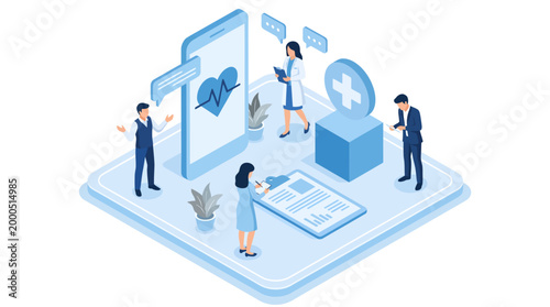 Modern telemedicine is depicted in an isometric illustration where tiny healthcare professionals and patients interact near a large smartphone displaying a heartbeat, a clipboard, and a medical cross