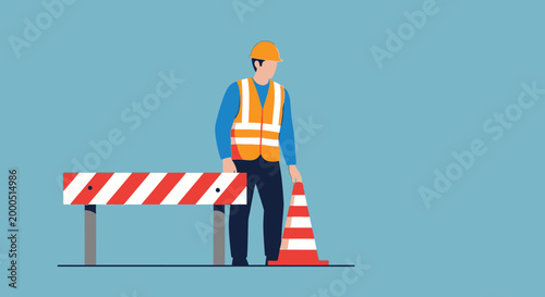 Construction worker setting up traffic cone and barrier on blue background