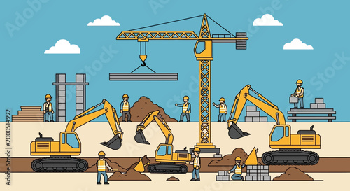 Construction site with excavators, crane, workers, and building materials under blue sky.