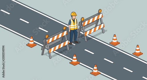 Construction worker standing behind road barriers and traffic cones, road closure ahead