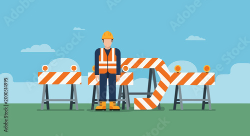 Construction worker standing by road barriers, safety equipment, outdoor scene