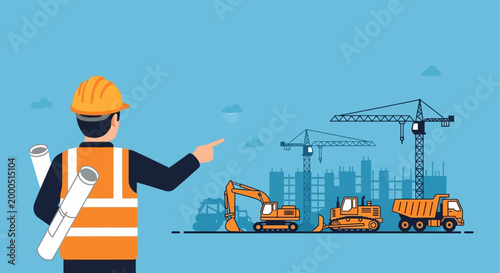Construction worker with blueprints pointing at a building site with cranes and excavators