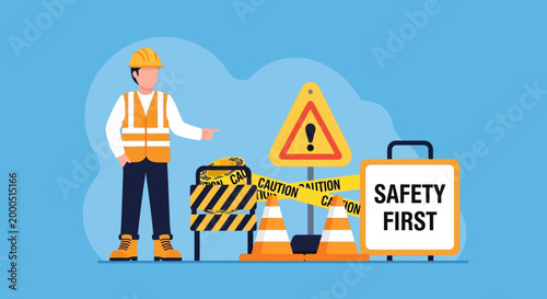 Construction worker with safety equipment and caution signs, emphasizing workplace safety