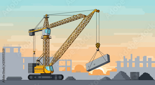 Construction crane lifting concrete slab at sunset, industrial site with buildings