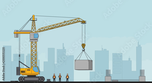 Construction Crane Lifting Heavy Load in Cityscape with Workers
