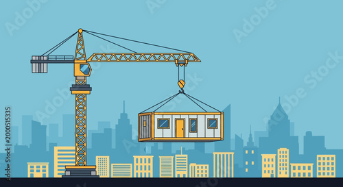 Construction Crane Lifting Modular Building Container in Cityscape