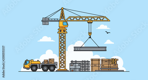 Construction crane lifting steel beam at building site with truck and materials