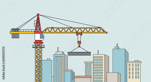 Construction crane lifting steel beam over city skyline, urban development concept