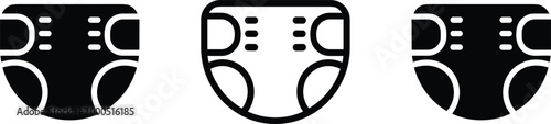 Baby diaper icon set featuring black silhouette and outline nappy designs for infant childcare hygiene newborn clothing and professional parenting medical health supplies.