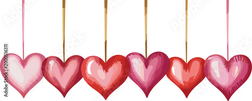 Beautiful row of pink and red watercolor style hearts hanging on strings for Valentines Day celebration romantic wedding background and greeting card design.