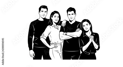 Four young adults posing together in a stylized illustration.