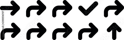 Arrow Direction Icon Set with Right Turn, Forward, Up Arrow, Check Mark, Navigation Symbols for User Interface and Digital Design