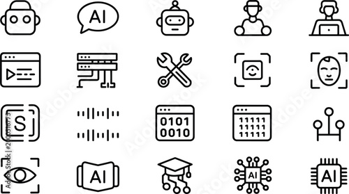 Artificial Intelligence and Machine Learning Icon Set with AI Chatbot, Facial Recognition, Data Processing, Automation, Coding, and Smart Technology Symbols