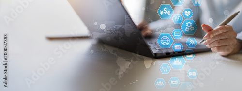 Digital Interaction and Data Visualization for Business Insights on a Wide Banner, Business and Technology Concept.