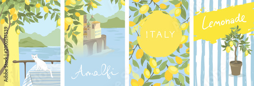 Summer trip to Italy. lemonade and lemons. Summer and Mediterranean themed design set. Hand drawn vector illustration in watercolor style.
