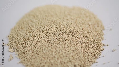 A small heap of dry active yeast granules centered on a clean white surface.