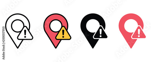 Location pin warning icon, navigation danger symbols, restricted area alert graphics, gps tracking concept, vector illustration