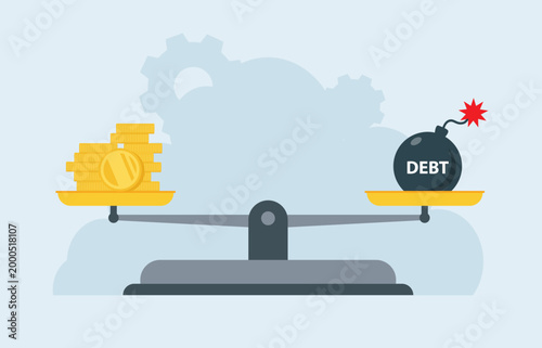 Debt bomb with coins and balance scale. Financial imbalance, spending control, and economic burden concept