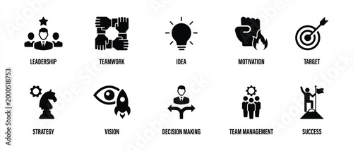 Leadership Icon Set – Teamwork Strategy Vision and Business Management Symbols Collection