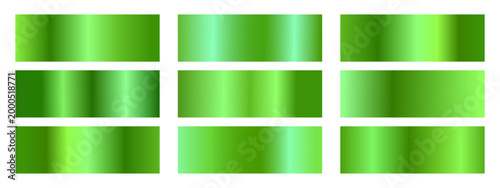 Set of rectangular swatches with various metallic gradients in vibrant shades of green