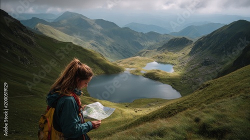 Young woman hiker with backpack studies a paper map on a ridge overlooking a mountain lake and rolling green peaks under cloudy sky, outdoor adventure travel concept