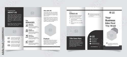 Minimalist business trifold brochure template, professional corporate flyer layout, black and white marketing pamphlet design with geometric elements