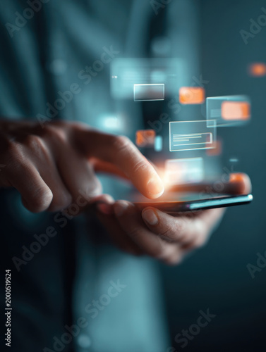 Close-up of Hands Using a Smartphone with a Futuristic Holographic Interface and Digital Data Icons, Representing Social Media Interaction, Mobile Banking, and Innovative Wireless Technology Concepts