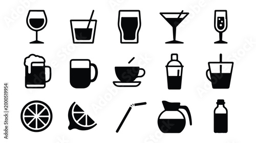 set of black and white icons for drinks and glasses and beverages and cocktails