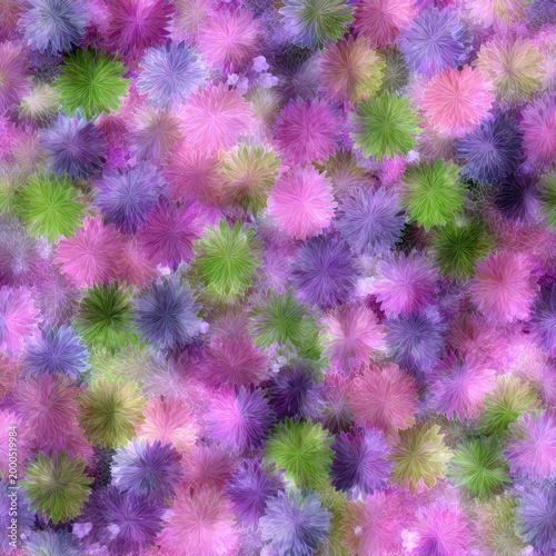 A vibrant and intricate abstract composition featuring a dense arrangement of stylized floral shapes in a spectrum of pink, purple, and green hues.