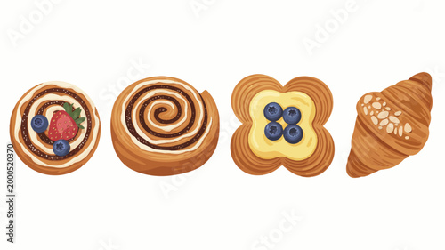 set of sweet pastries with fruit toppings on white